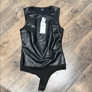 NWT Express Black Faux Leather Sleeveless Contour Thong Bodysuit